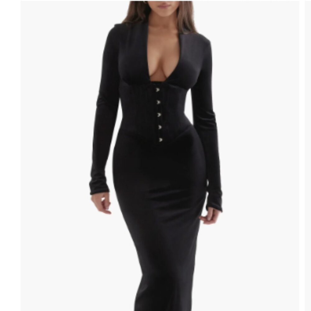 HOUSE OF CB - Arabella Plunge Neck Long Sleeve Velvet Corset Dress - NEW